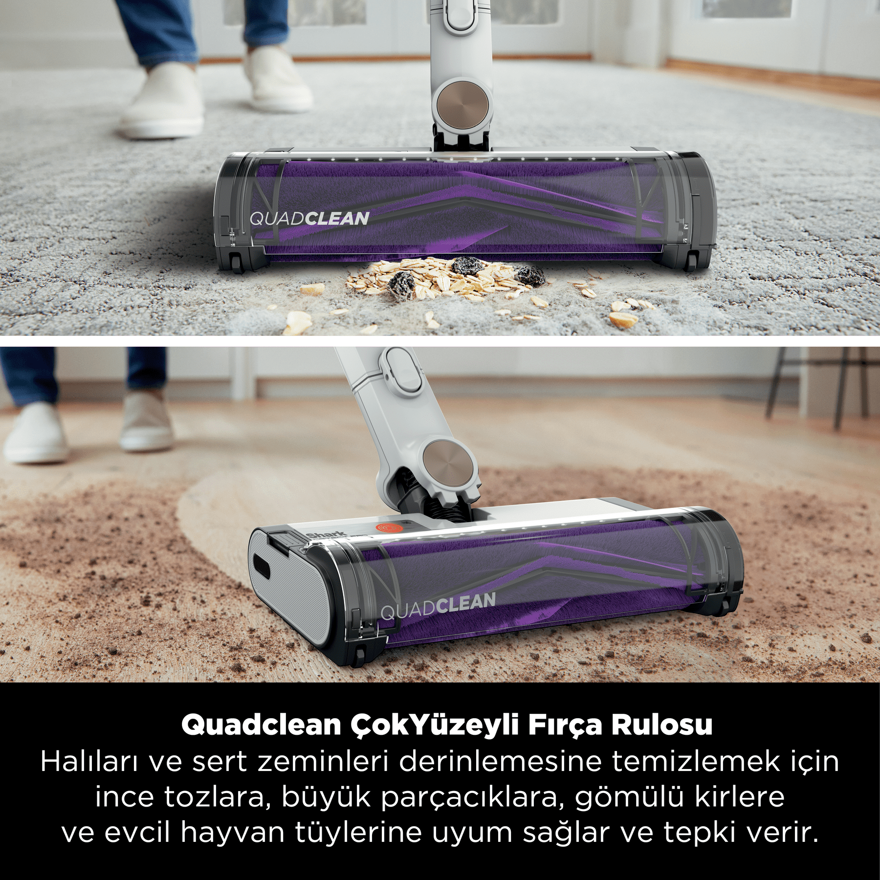 Halıdaki döküntüleri temizleyen elektrik süpürgesi başlığı. Süpürgenin mor bir silindiri var. Arka plan bacakları gösteriyor.