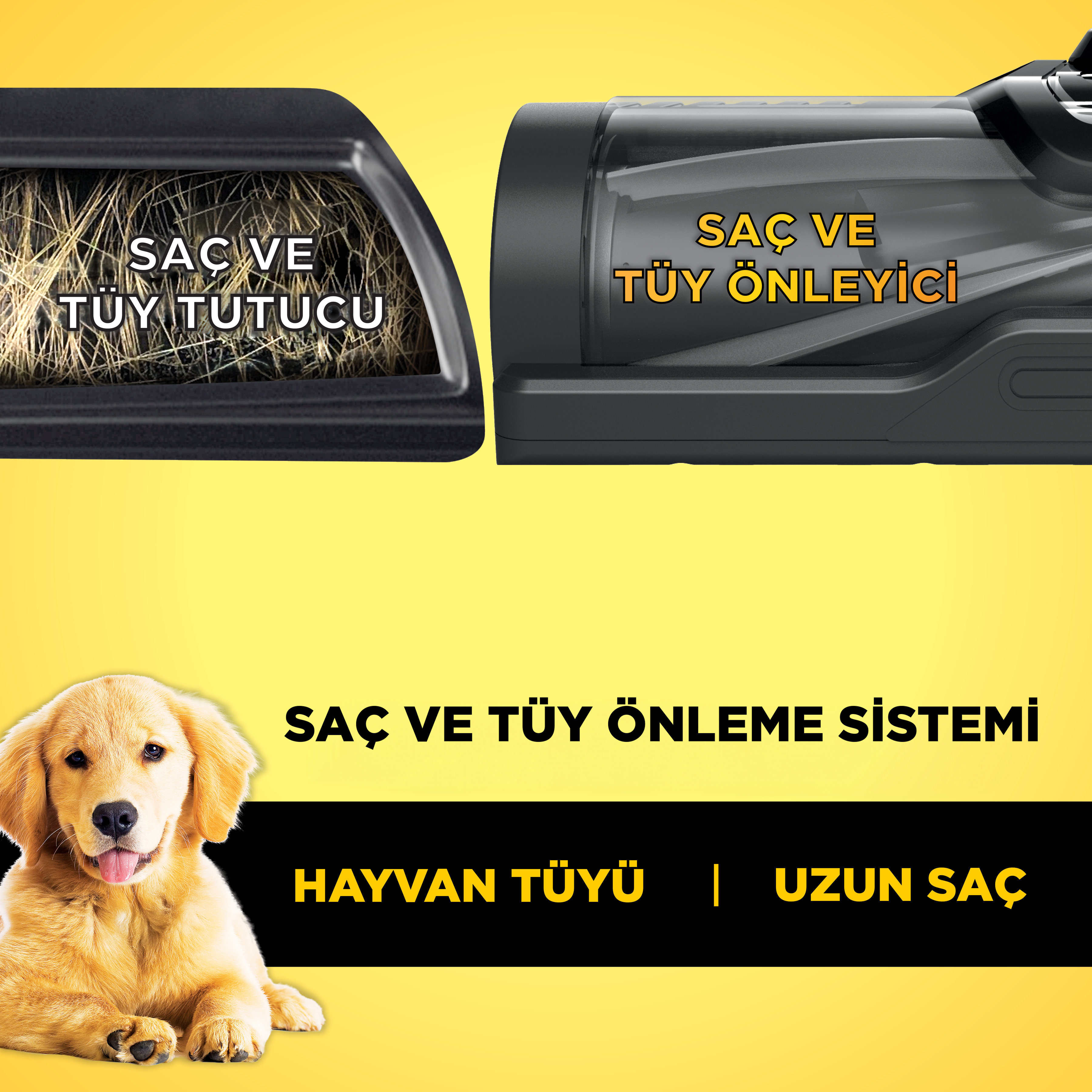 Evcil hayvan tüyü giderme sisteminin yakın çekimi. Bir golden retriever metnin altında oturuyor. Arka plan sarı.