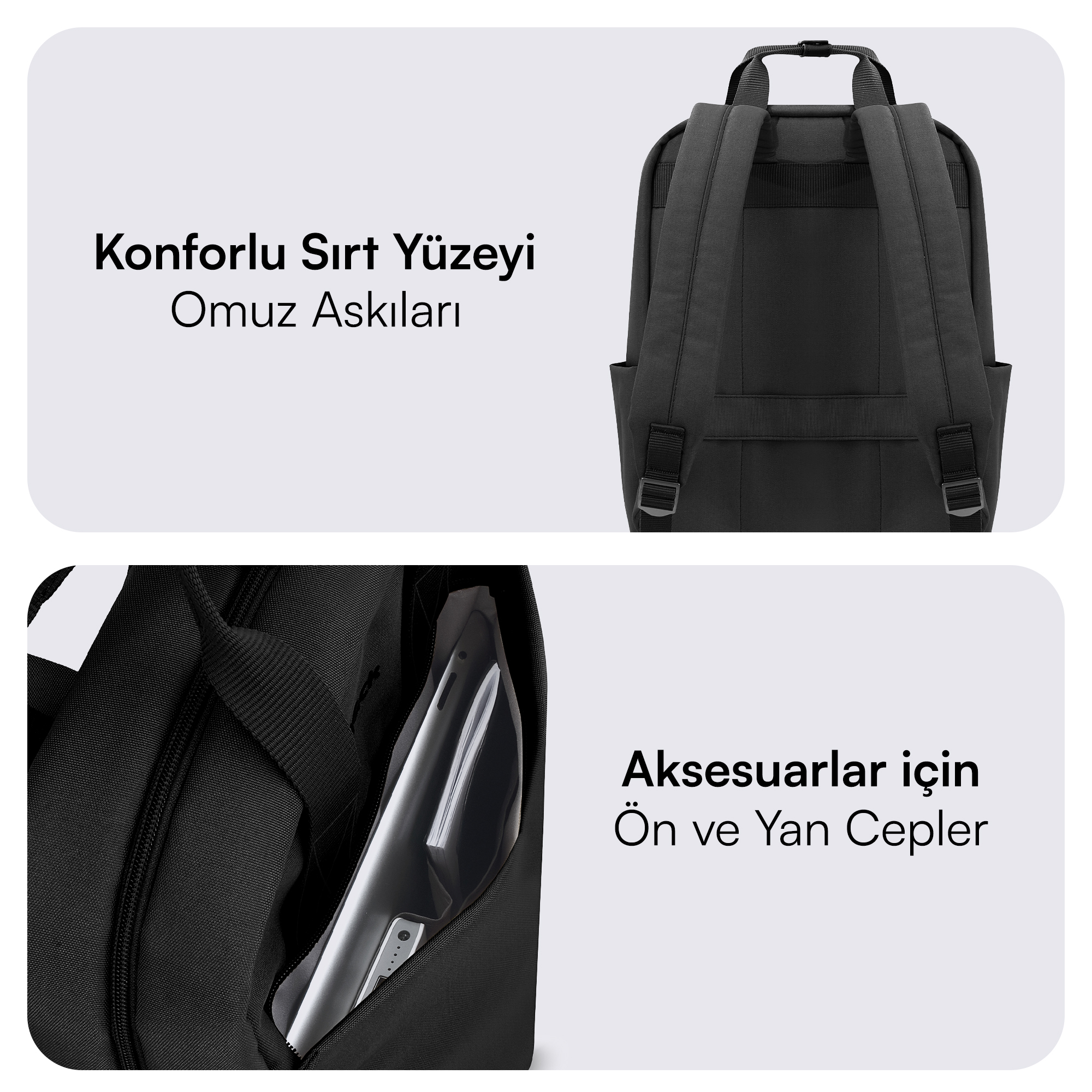 Sırt çantası detayları: omuz askıları, sırt tasarımı ve ön ve yan cepler.