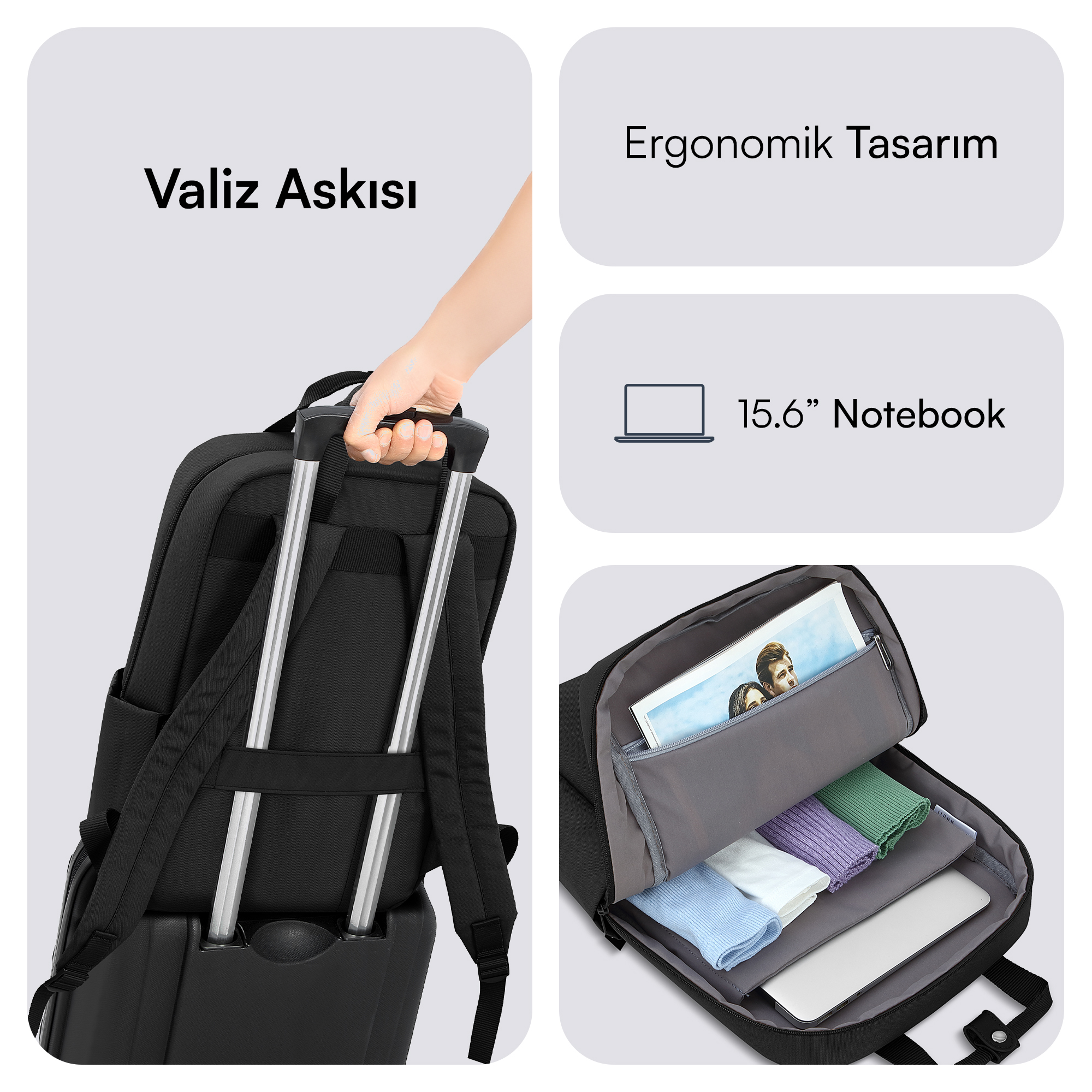 Sırt çantası özellikleri: bagaj kayışı, ergonomik tasarım ve 15,6" dizüstü bilgisayar bölmesi.
