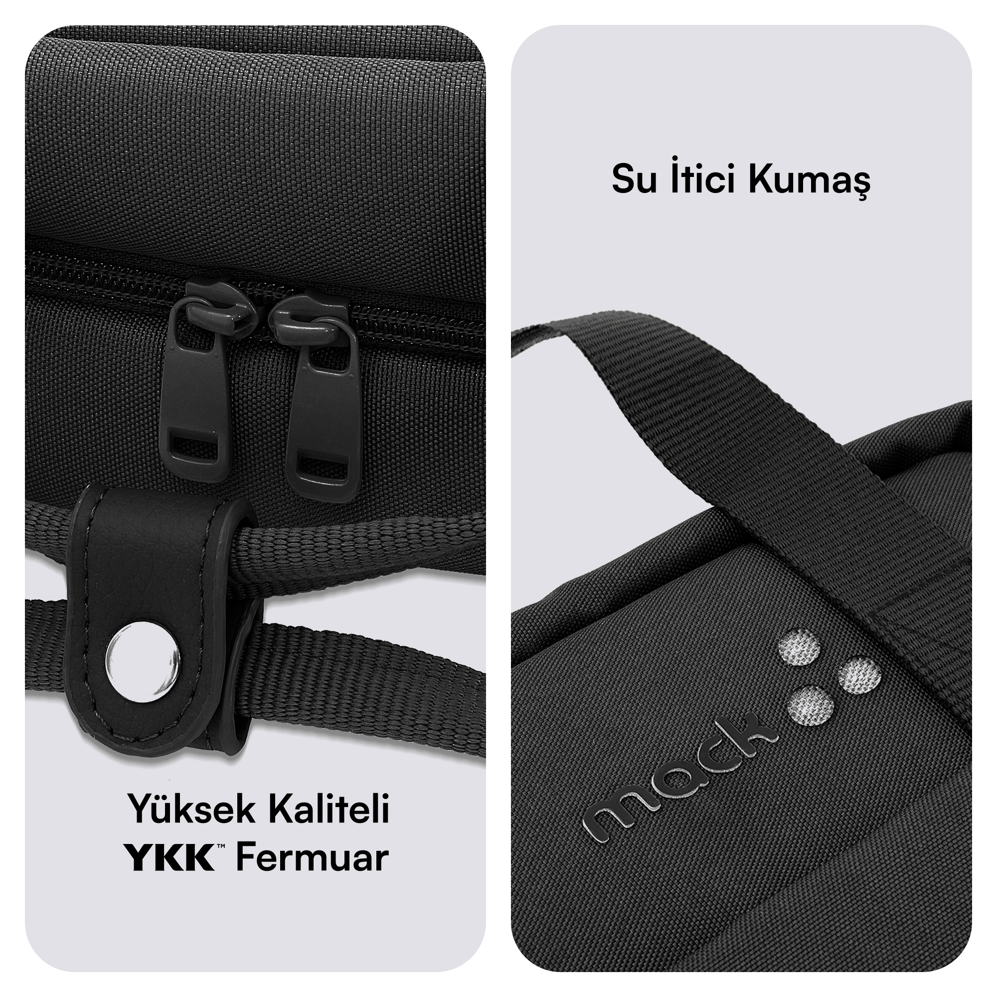 Sırt çantası detayları: su itici kumaş, yüksek kaliteli fermuarlar ve marka logosu.