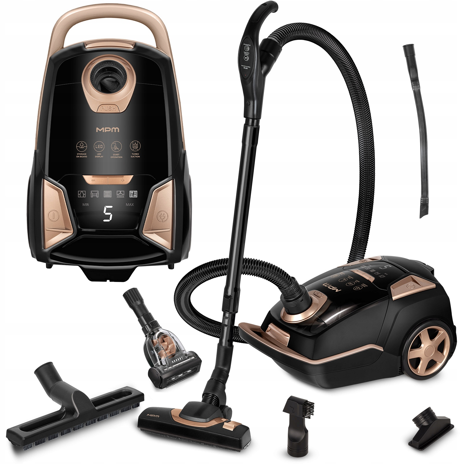 Odkurzacz z akcesoriami: szczotkami, dyszami i częściami zamiennymi.