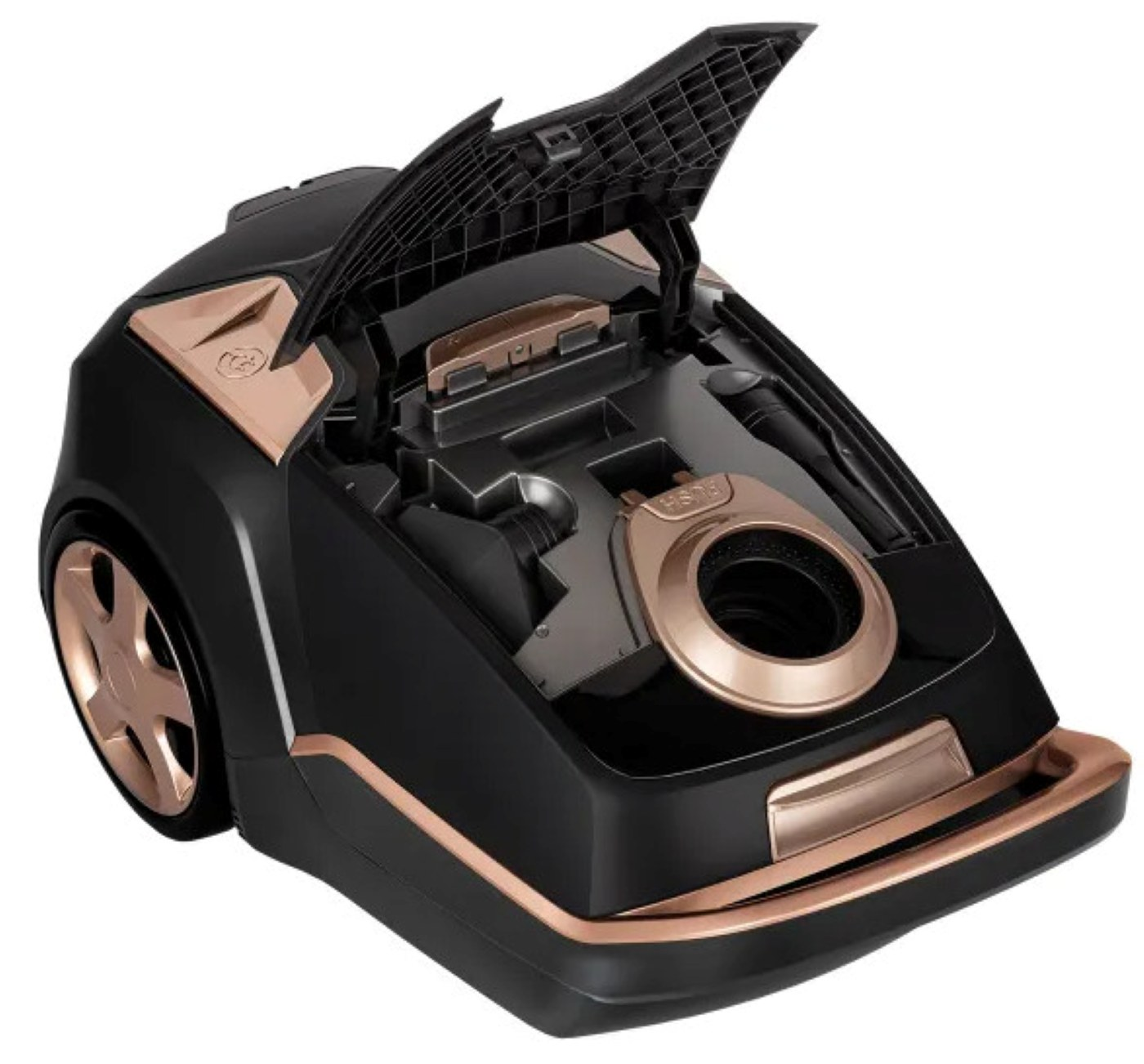 Czarny odkurzacz z otwartą komorą, złotymi akcentami i kołem.