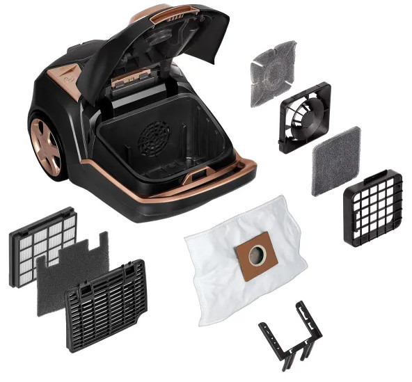 Czarny i brązowy odkurzacz z rozłożonymi częściami. Pokazano worek filtrujący, filtry i inne elementy.