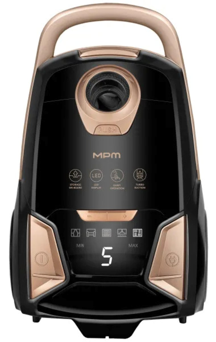 Czarny i złoty odkurzacz. Cechy obejmują wyświetlacz cyfrowy, uchwyt i przyciski z etykietami 'MPM', 'LED' i 'Turbo'.