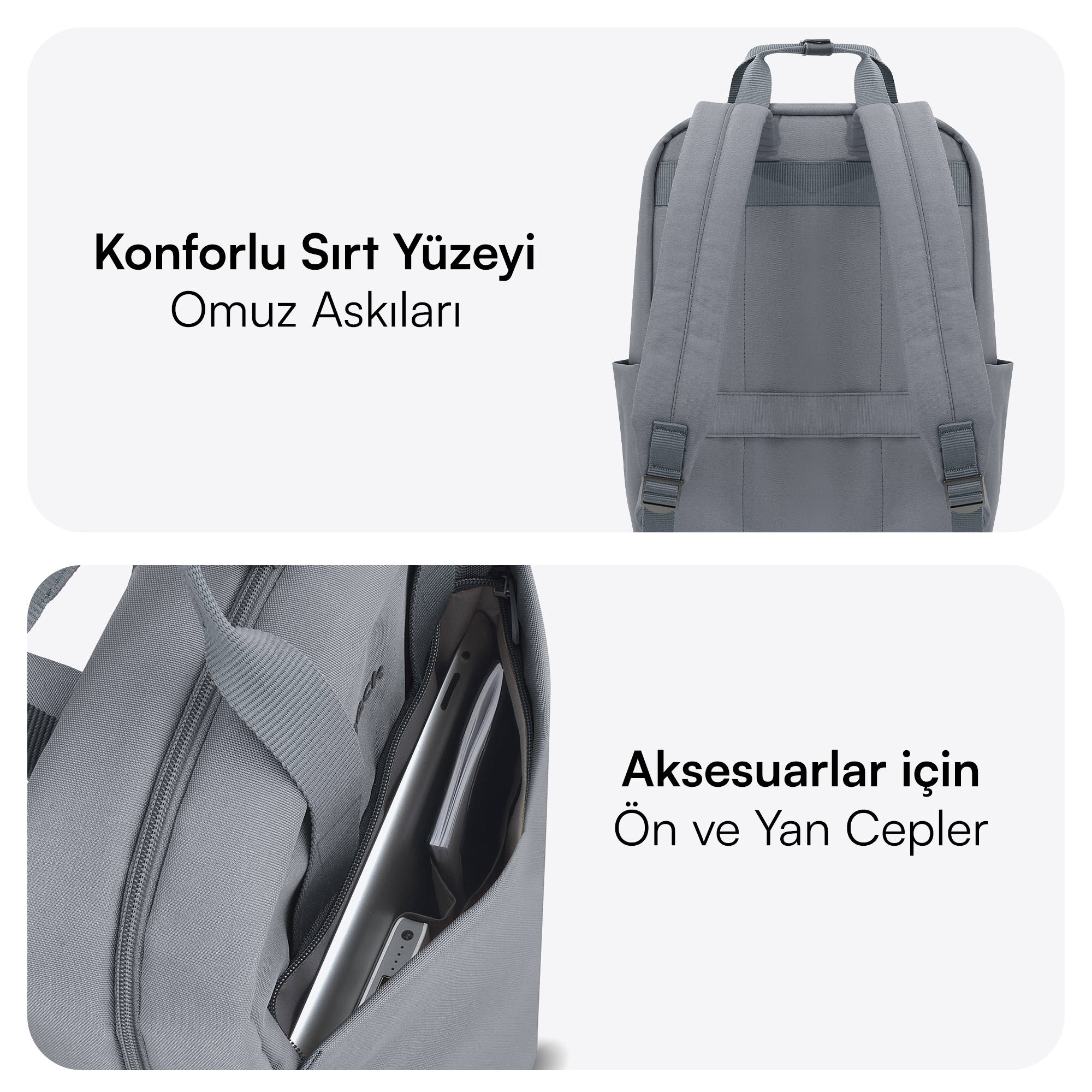 Gri sırt çantasının detayları: Omuz askıları ve ön cepler. İçinde eşyalar olan iç cep.