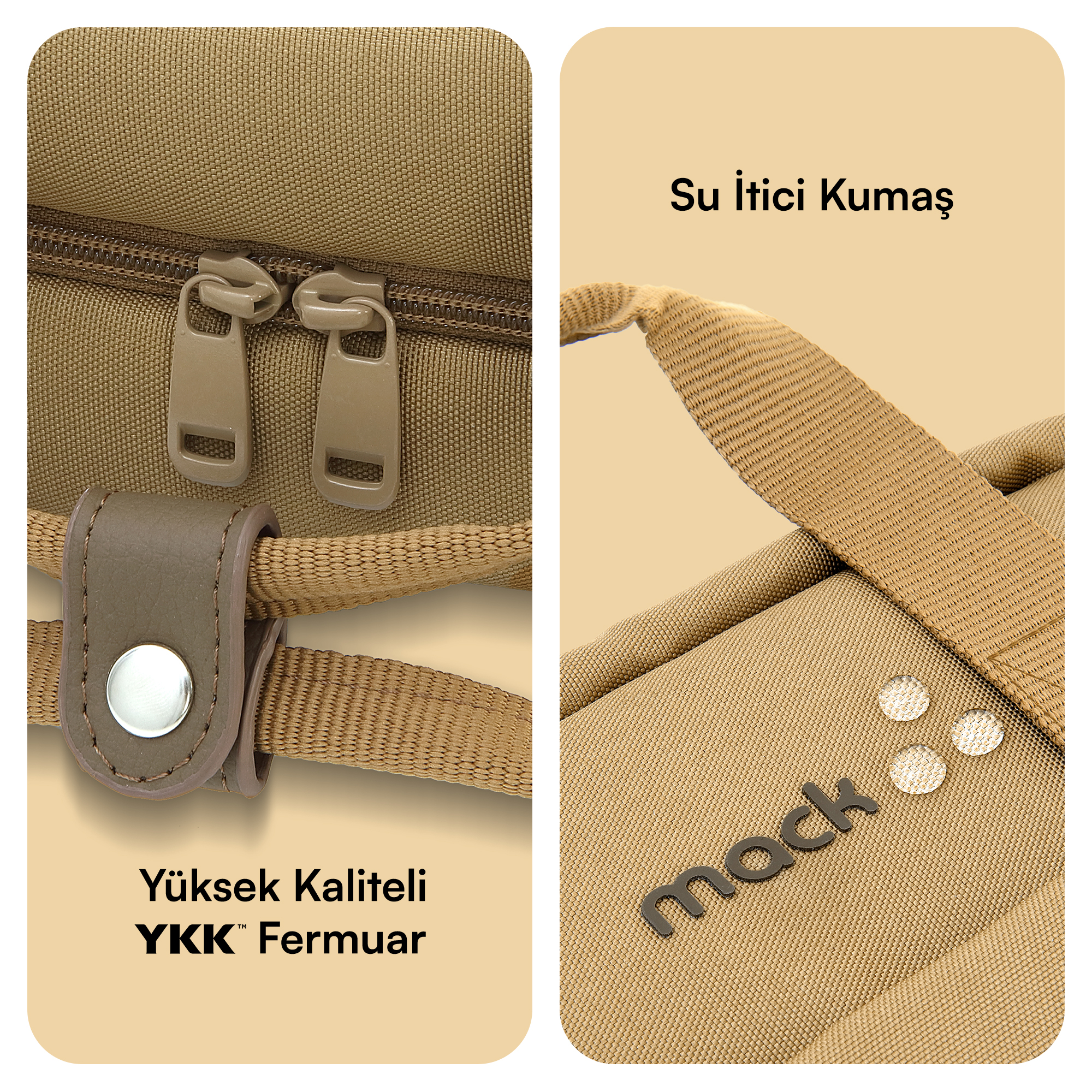 YKK fermuarlı ve su itici kumaşlı, damlacıkların görülebildiği, ten rengi sırt çantasının yakın çekimi.