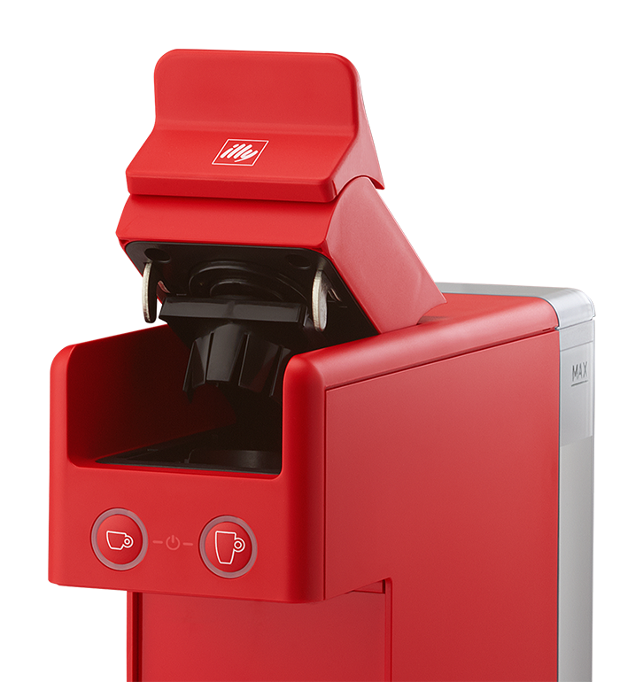 Rote Illy-Kaffeemaschine, oben offen. Knöpfe und Illy-Logo sichtbar.