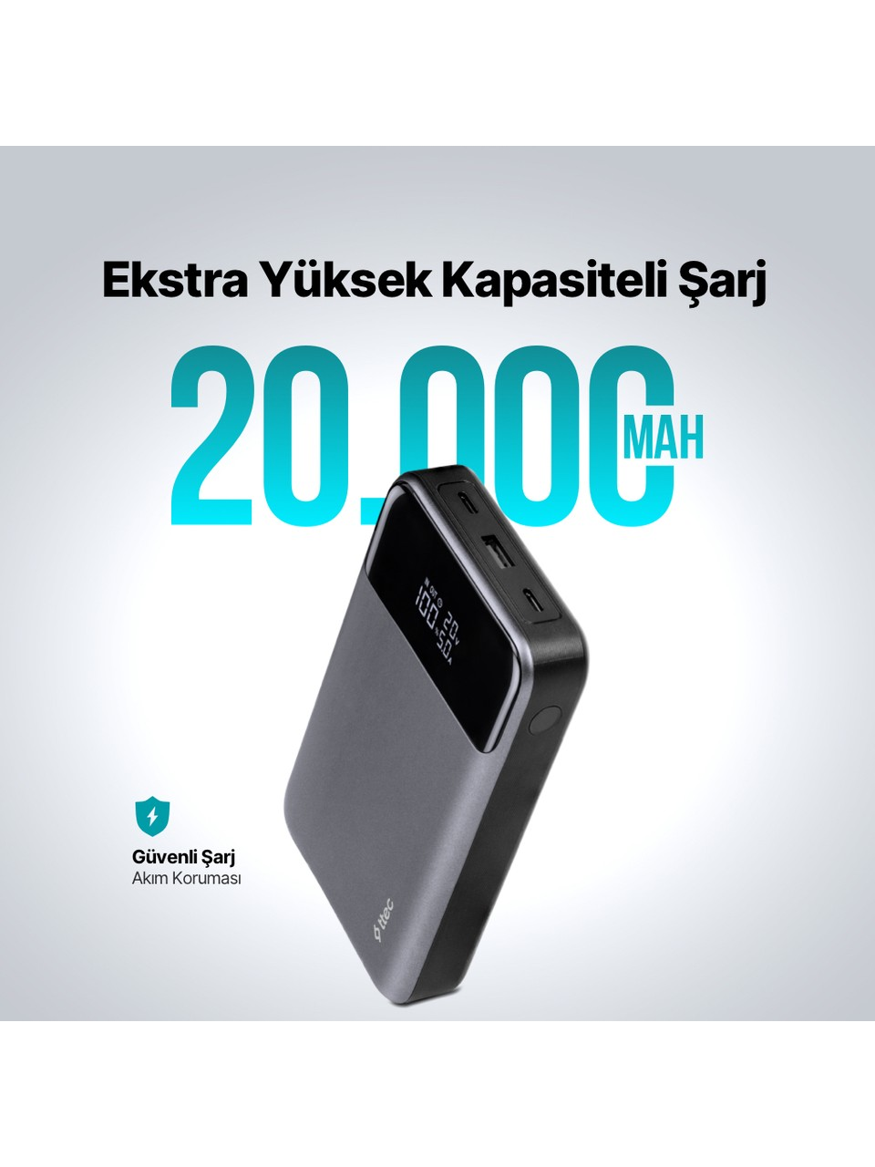 Dijital ekranlı gri powerbank, 20.000 mAh yazılı. Türkçe metin: 'Ekstra Yüksek Kapasiteli Şarj'.