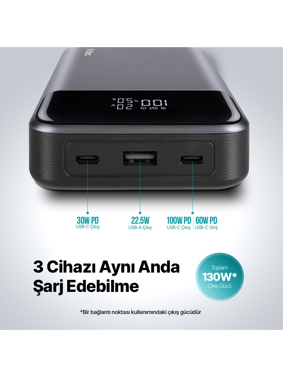 Gri güç bankası, USB portları, 3 cihaz aynı anda şarj edilebilir.