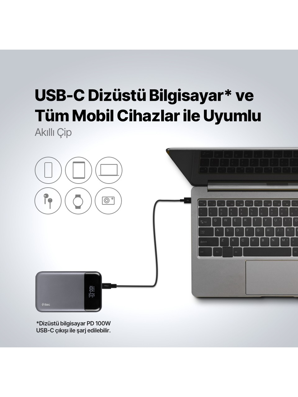 Dizüstü bilgisayara bağlı güç bankası. Çeşitli cihazların simgeleri görünür.