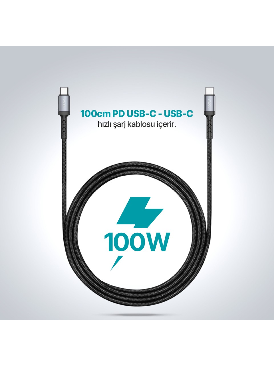 Gri konektörlü siyah USB-C kablosu. Ortada 100W yazılı turkuaz bir şimşek.
