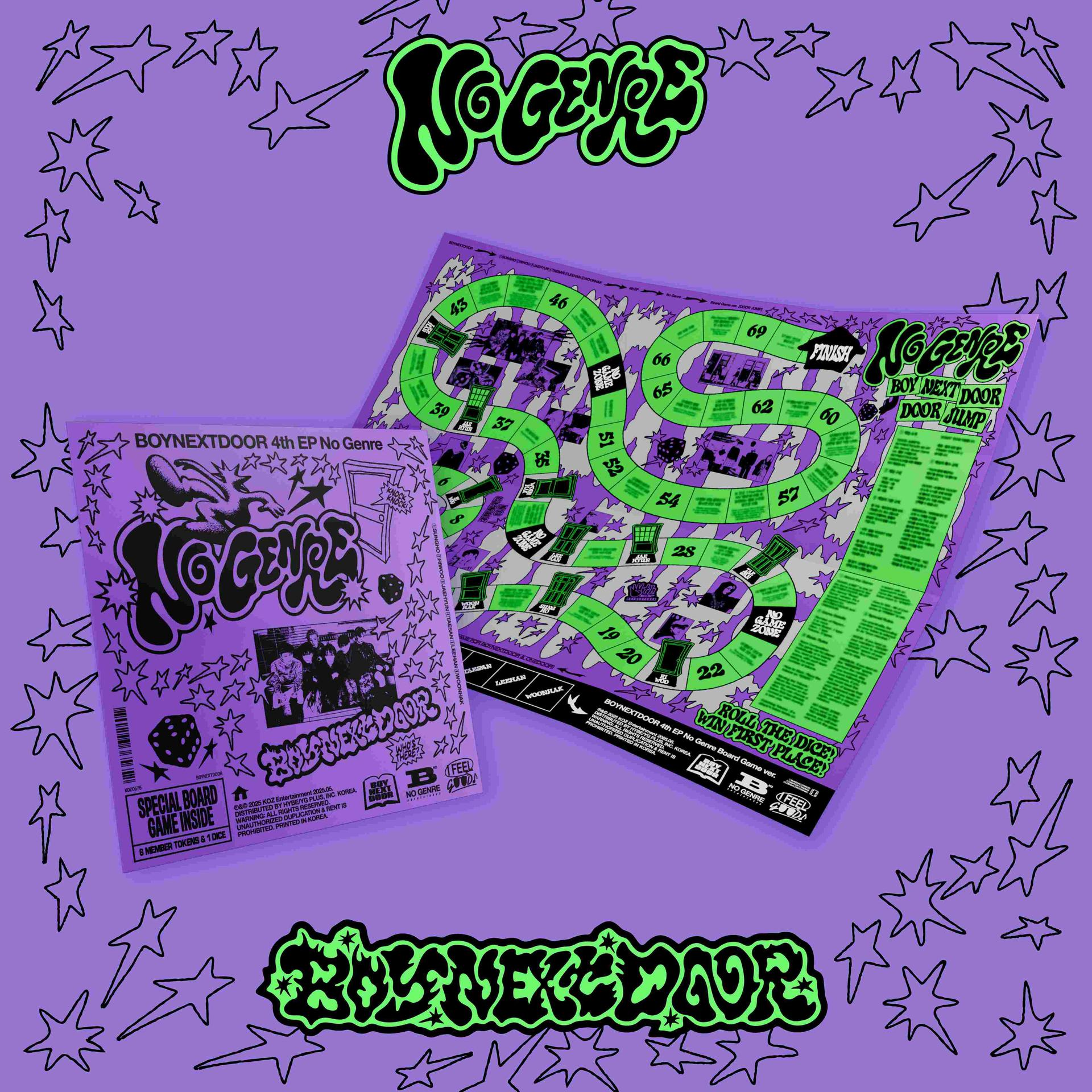 Purple board game, cover. Green and black text and graphics. Stars surround the board. Includes a game board.