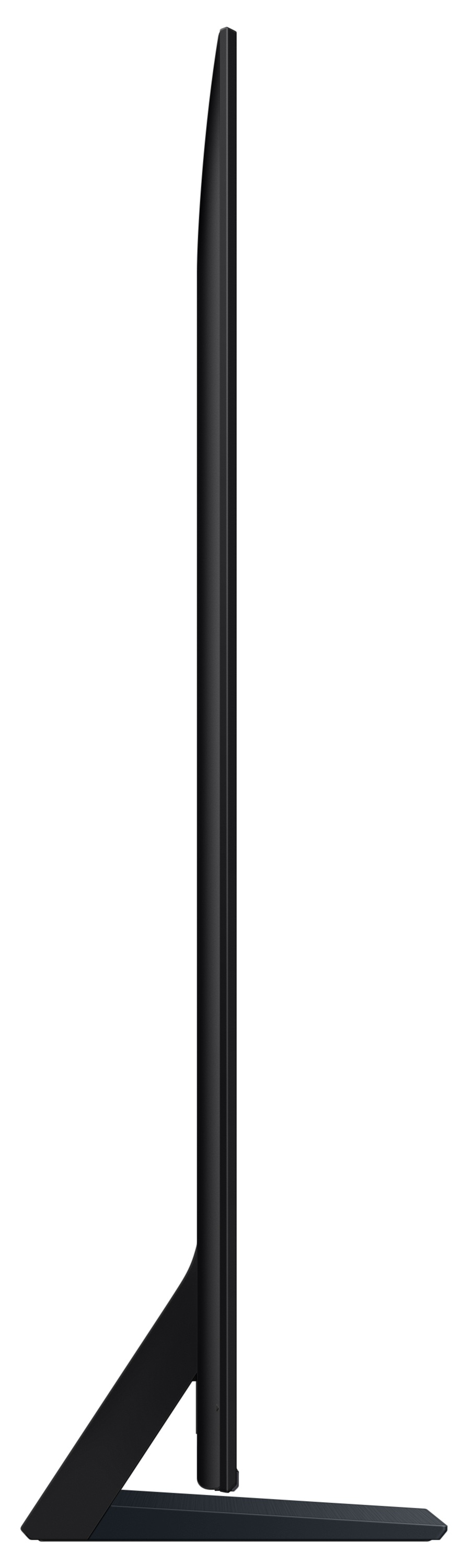 Widok z boku czarnego telewizora z płaskim ekranem. Telewizor stoi na czarnym stojaku, z białym tłem.