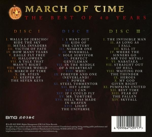 Albumcover mit Text: "March of Time, The Best of 40 Years" mit Titellisten für drei Discs, Logo und Barcode.