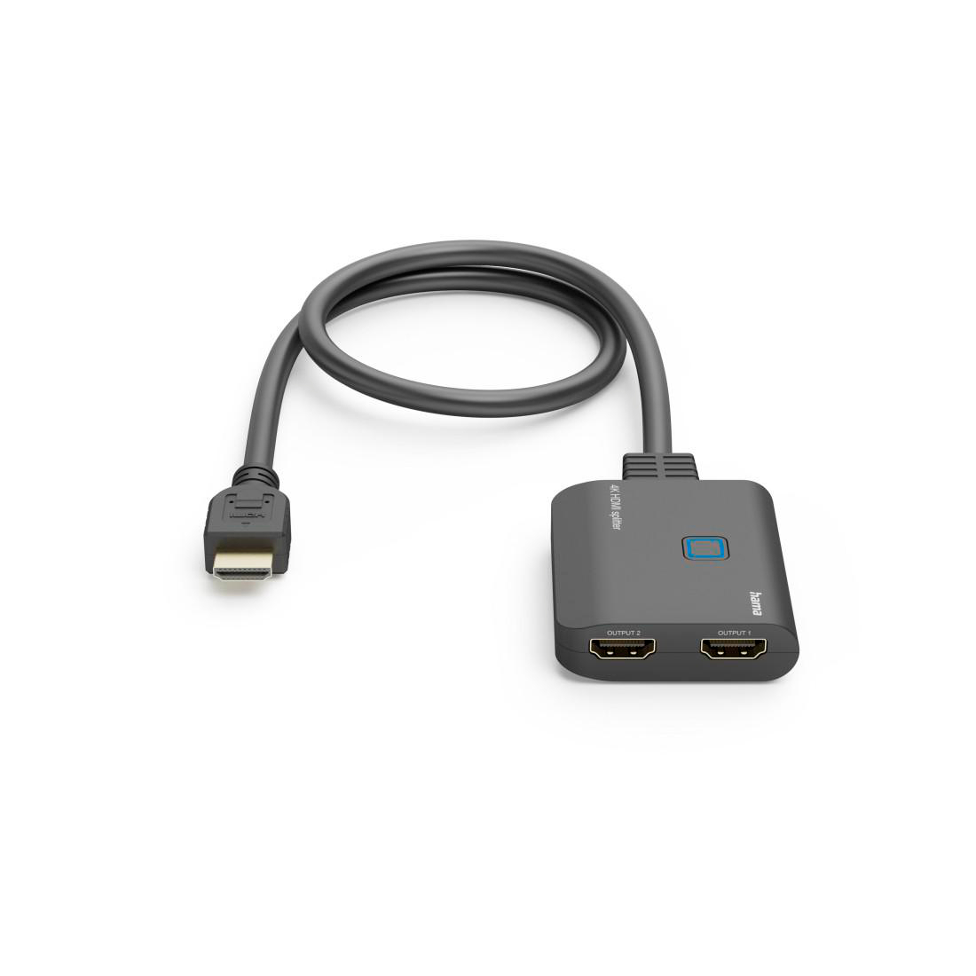 Schwarzer HDMI-Splitter mit Kabel. Der Splitter hat zwei Ausgänge und eine blaue LED. Der Hintergrund ist weiß.