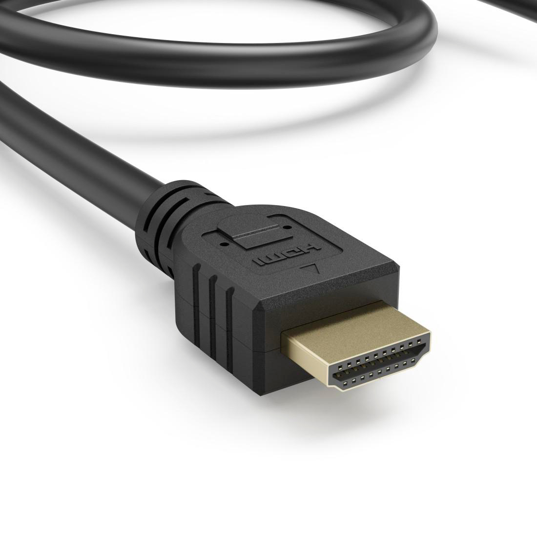Schwarzes HDMI-Kabel mit Stecker und goldenen Pins.