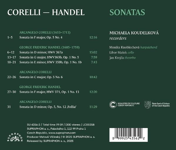 Albumcover für Corelli-Handel Sonaten. Auflistung der Kompositionen, Interpreten und Dauer auf grünem Hintergrund.