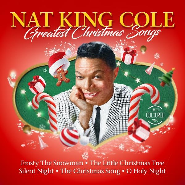 Albumcover von Nat King Cole. Roter Hintergrund, Bild von Nat Cole, Weihnachtsschmuck und Songtitel.