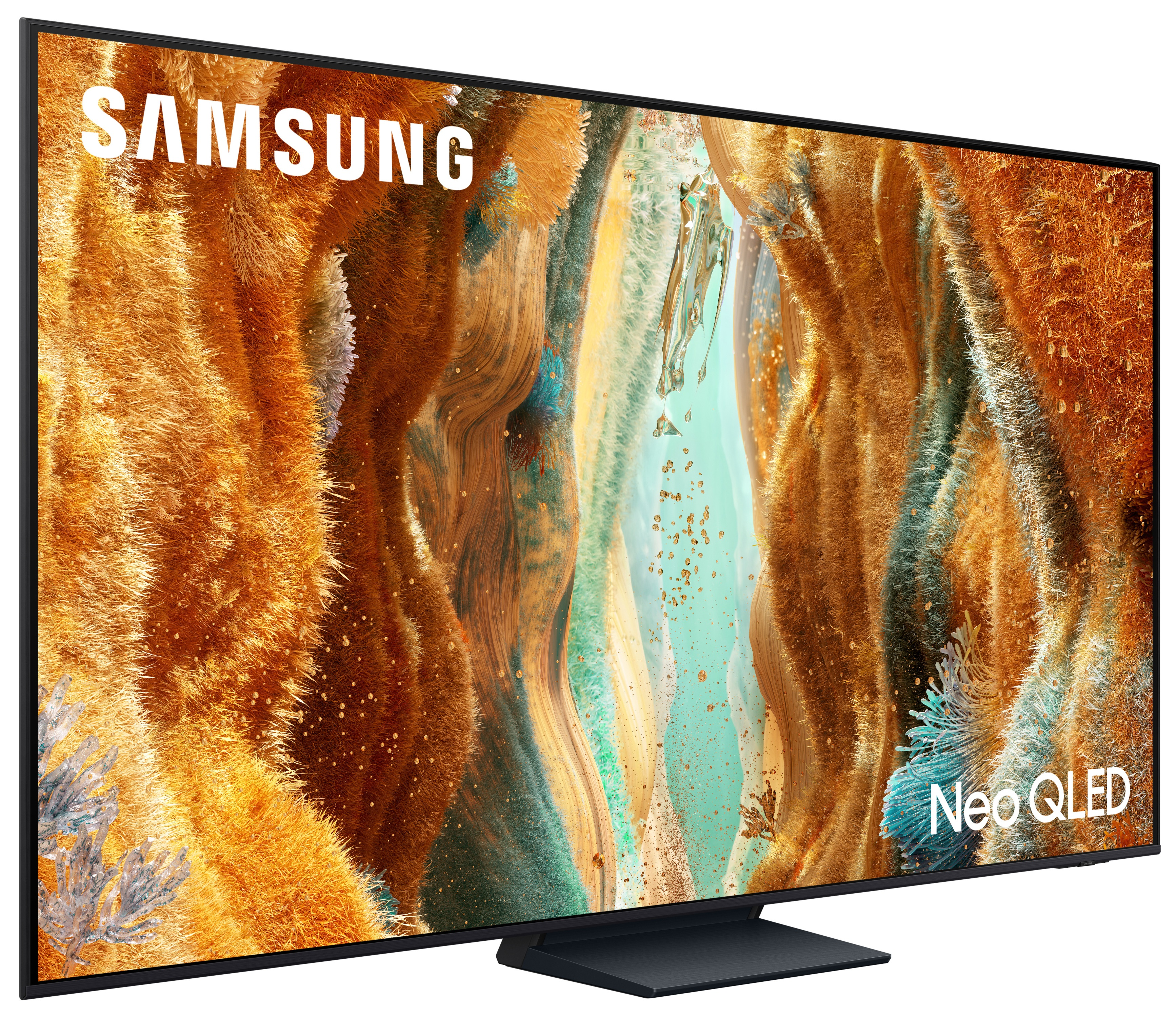Telewizor Samsung Neo QLED. Ekran wyświetla kolorowy, abstrakcyjny krajobraz ze złotymi i brązowymi tonami.