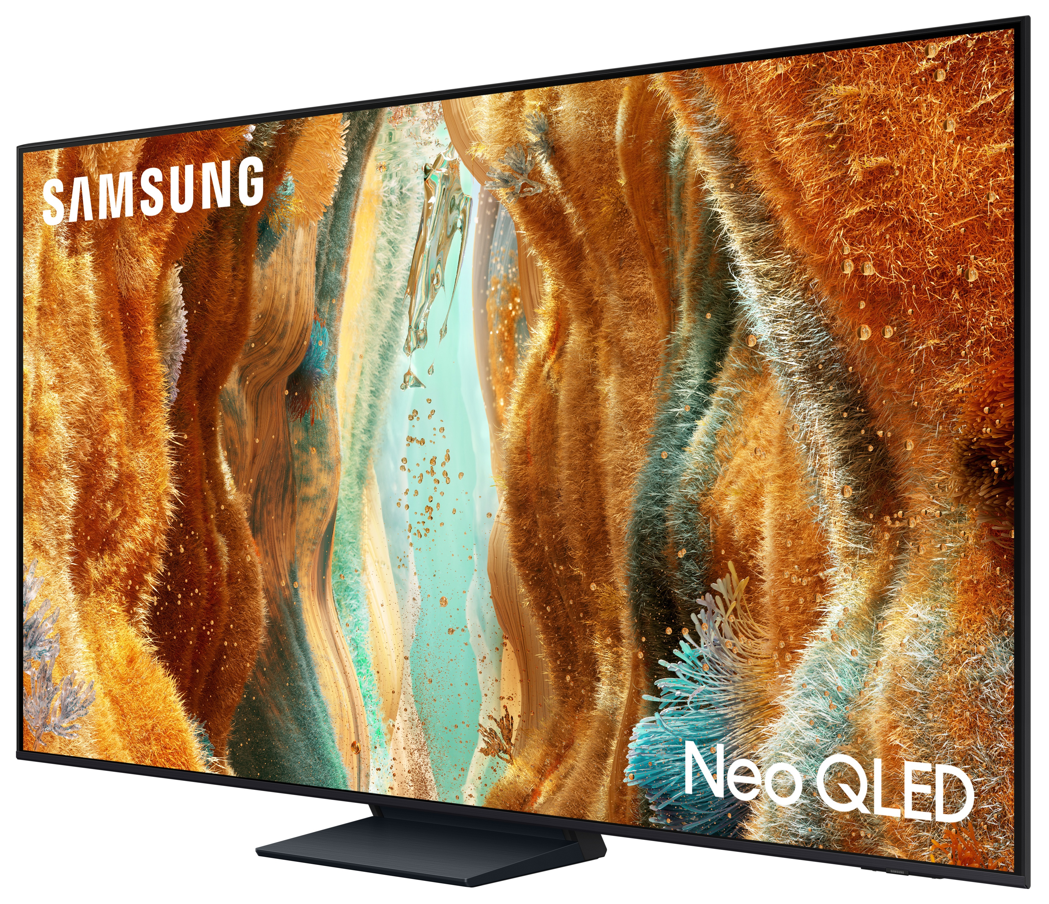 Telewizor Samsung Neo QLED. Ekran wyświetla kolorowy, abstrakcyjny krajobraz ze złotymi i brązowymi tonami.