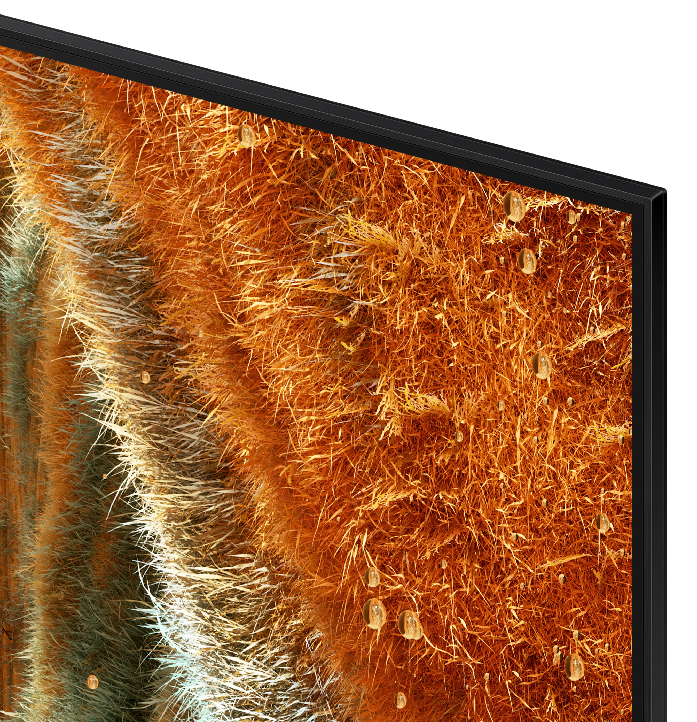 Zbliżenie ekranu telewizora ze szczegółowym, teksturowanym tłem i czarną ramką.