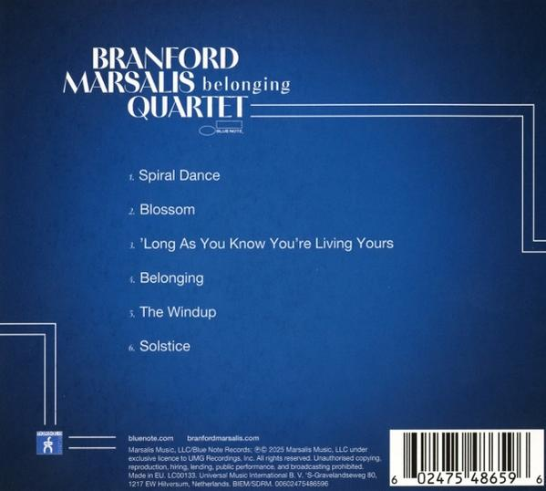 CD-Cover: Branford Marsalis Quartet, blauer Hintergrund, Trackliste. Enthält Spiral Dance, Blossom, Belonging und mehr.