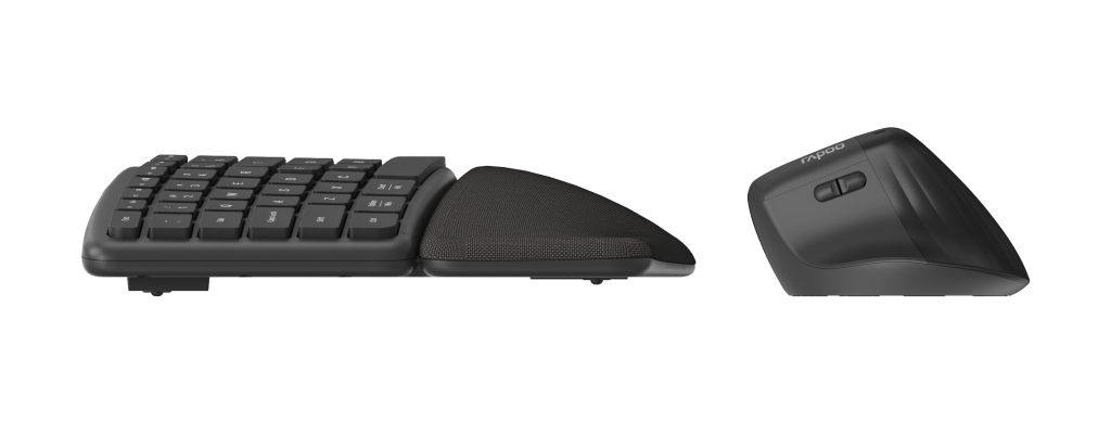 Schwarzes ergonomisches Tastatur- und Maus-Set. Die Tastatur ist gebogen und die Maus abgewinkelt.