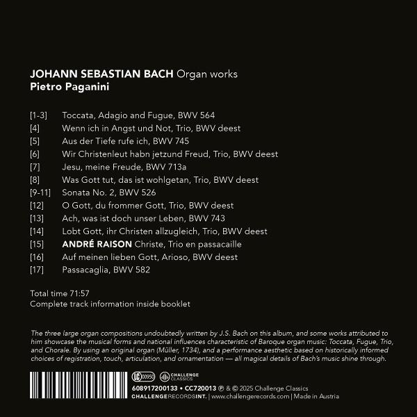 Albumcover mit schwarzem Hintergrund, Text in Weiß, Auflistung der Orgelwerke von Bach von Pietro Paganini.