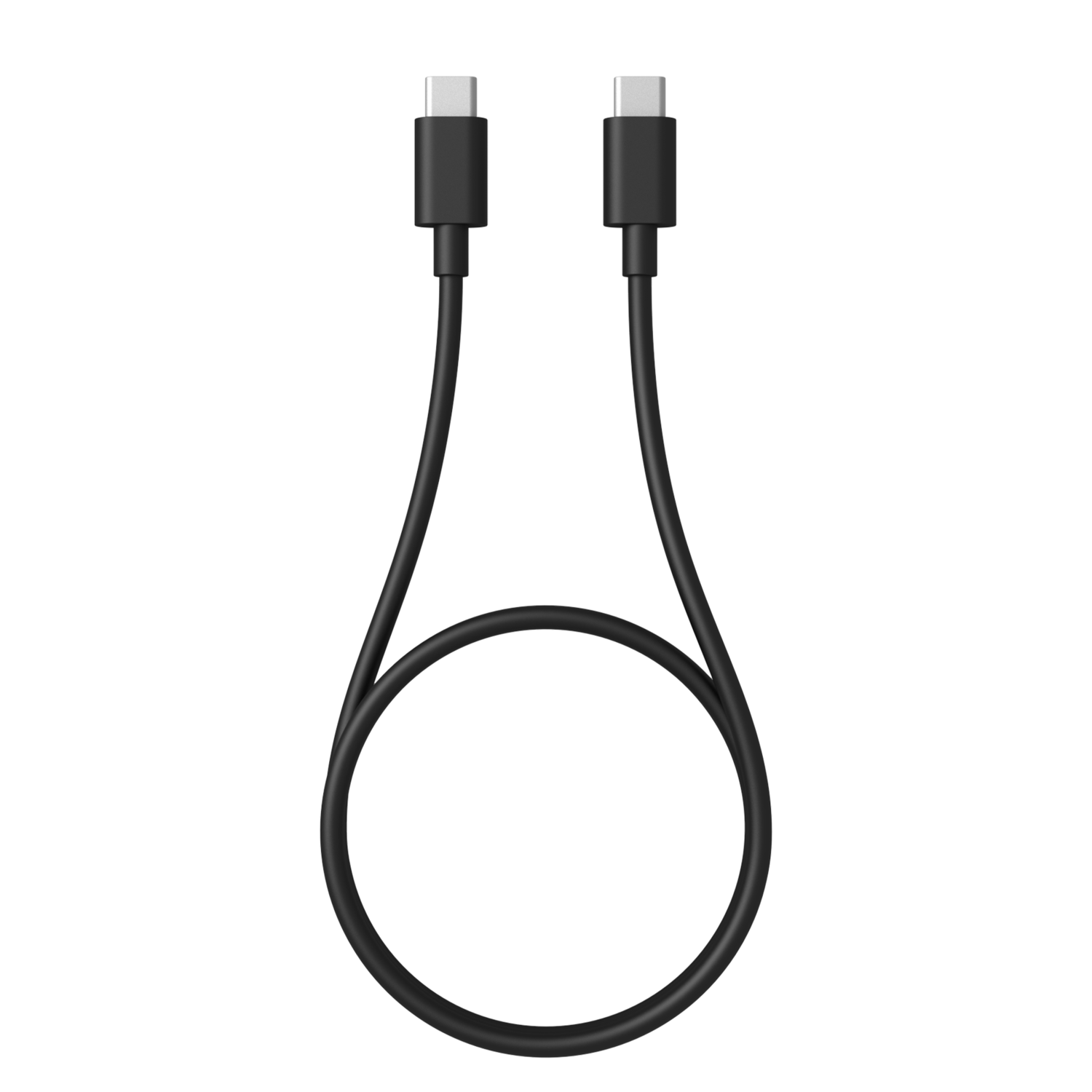 Zwarte USB-C-kabel op zwarte achtergrond. Twee uiteinden met connectoren bovenaan, de kabel vormt een lus onderaan.