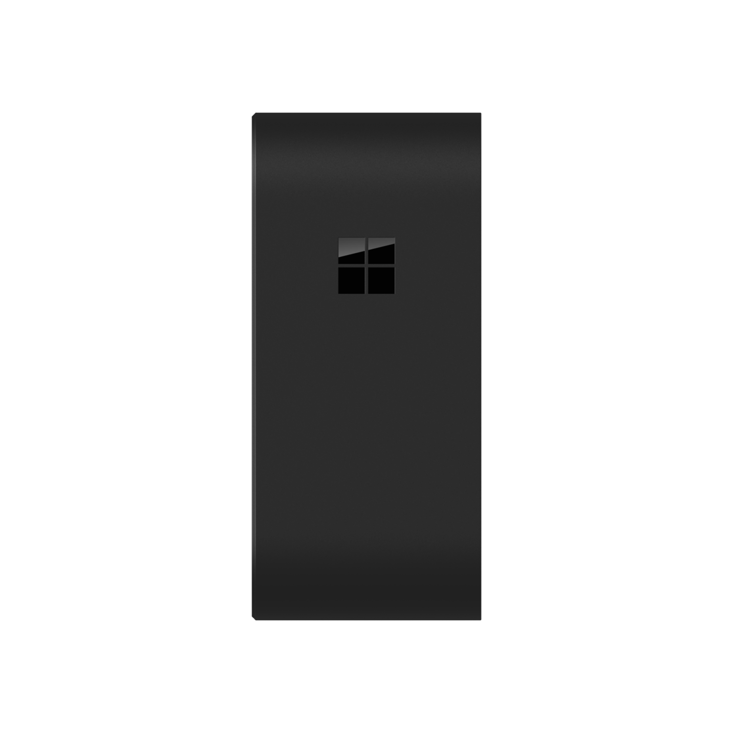 Zwart rechthoekig apparaat met het Microsoft-logo in het midden tegen een zwarte achtergrond.