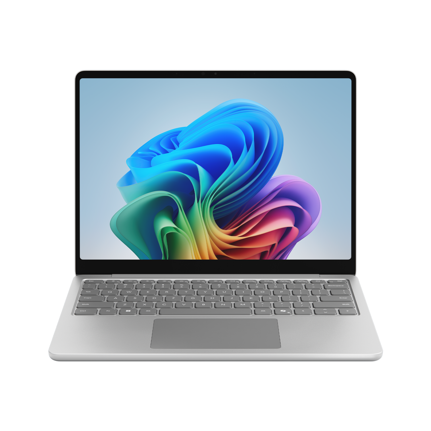 A silver laptop is open, displaying a colorful, swirling abstract image. The keyboard and trackpad are visible.