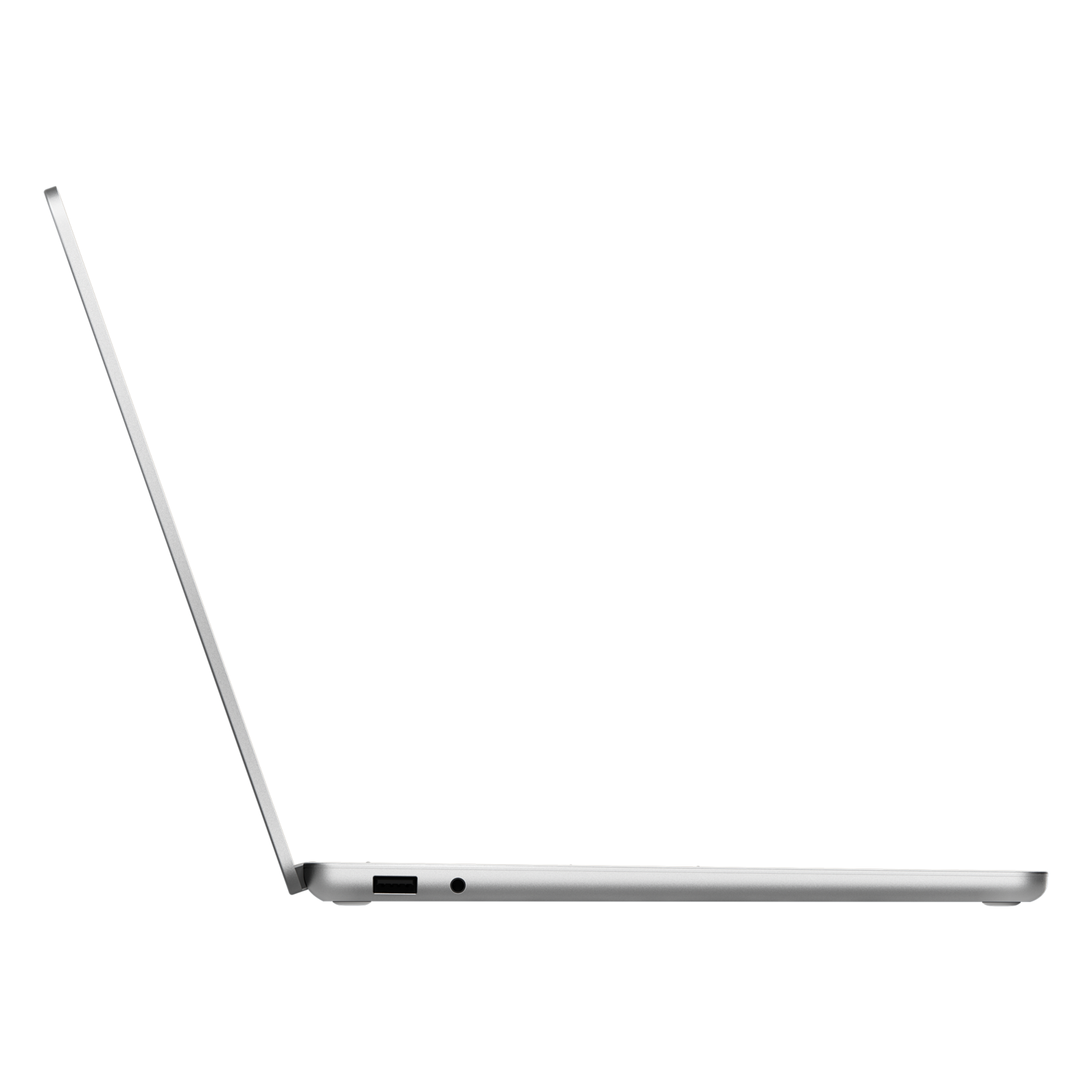 Side view of a silver laptop, open at an angle, against a black background. Ports are visible on the side of the laptop.