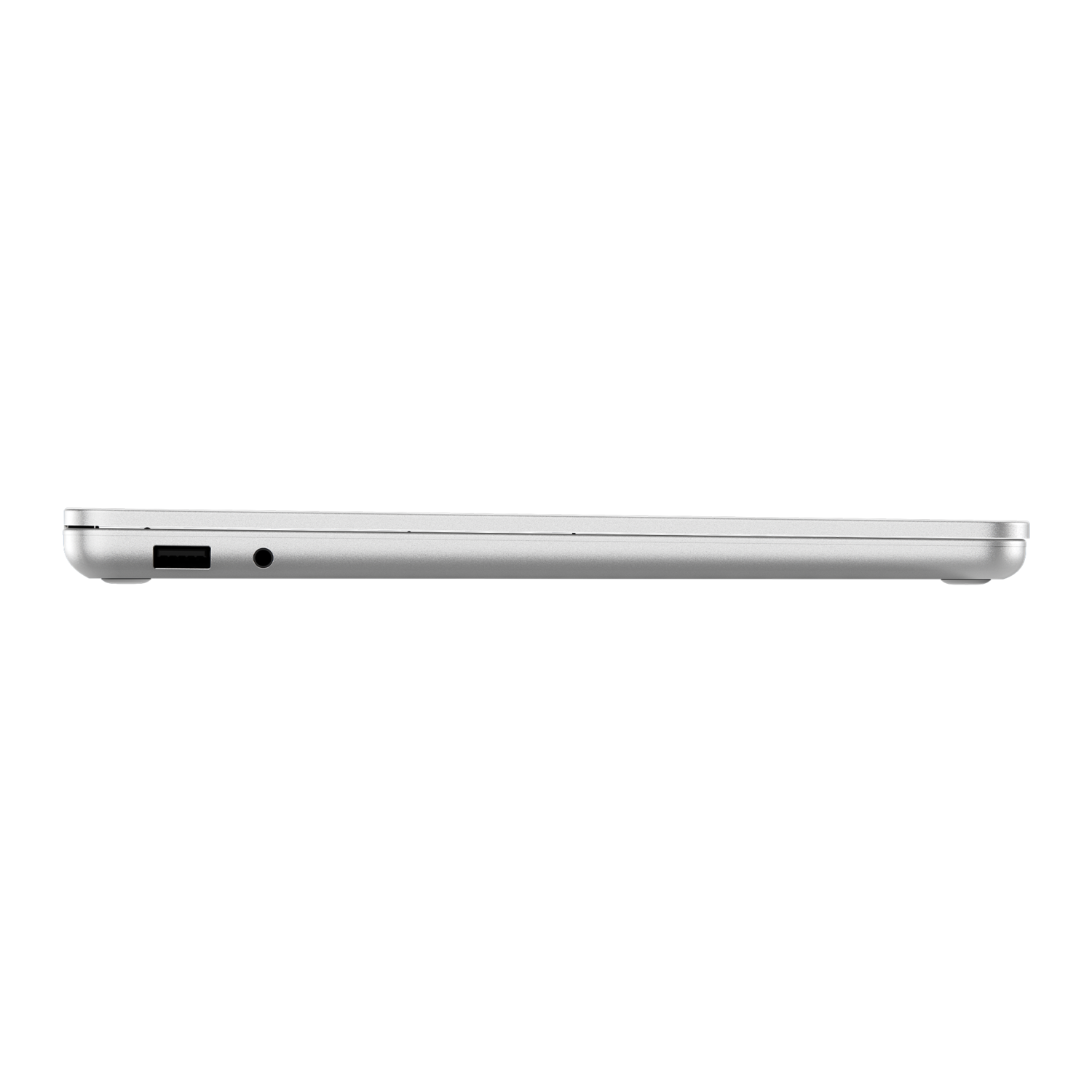 Side view of a silver laptop against a black background. Visible ports include USB, headphone jack, and a charging port.