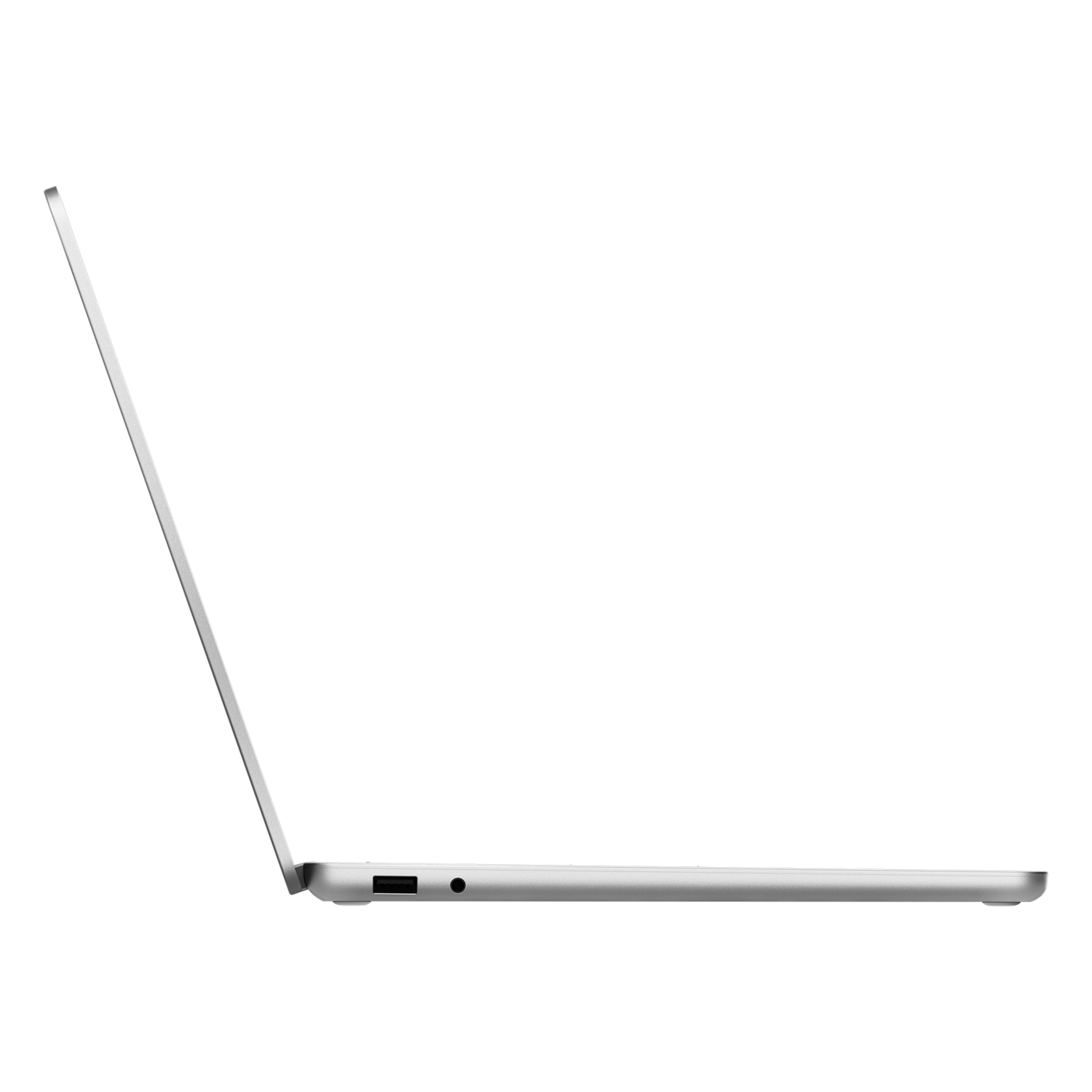Side view of a silver laptop on a black background. The screen is open at an angle.