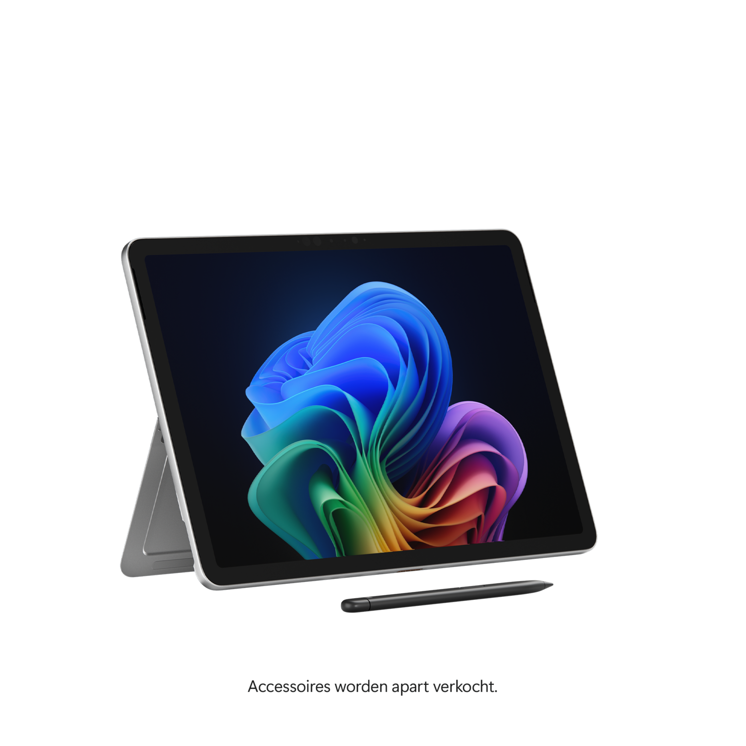 A tablet with a colorful abstract design on the screen, a black pen, and a silver stand, against a black background.