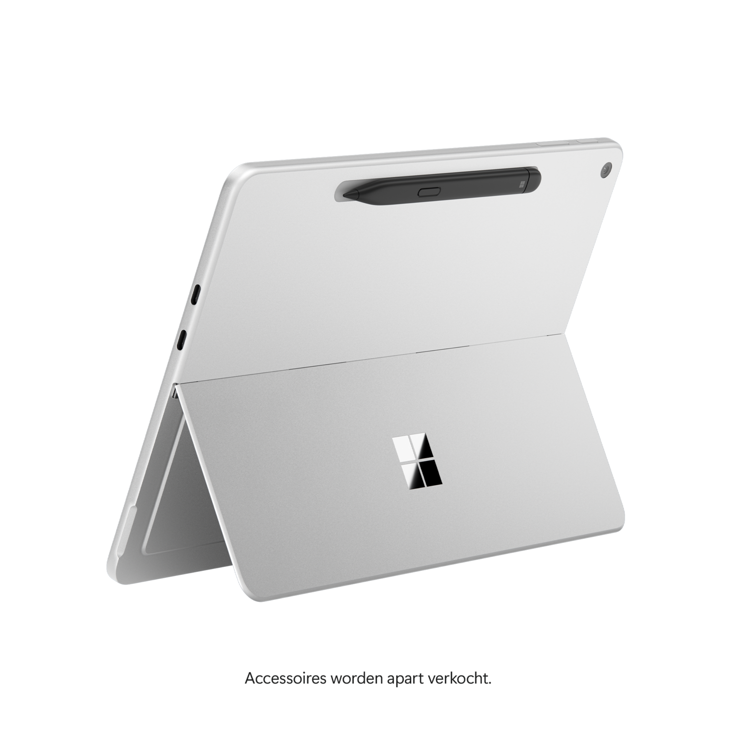 A silver tablet with a black stylus and a keyboard cover, set against a black background. The Microsoft logo is visible.