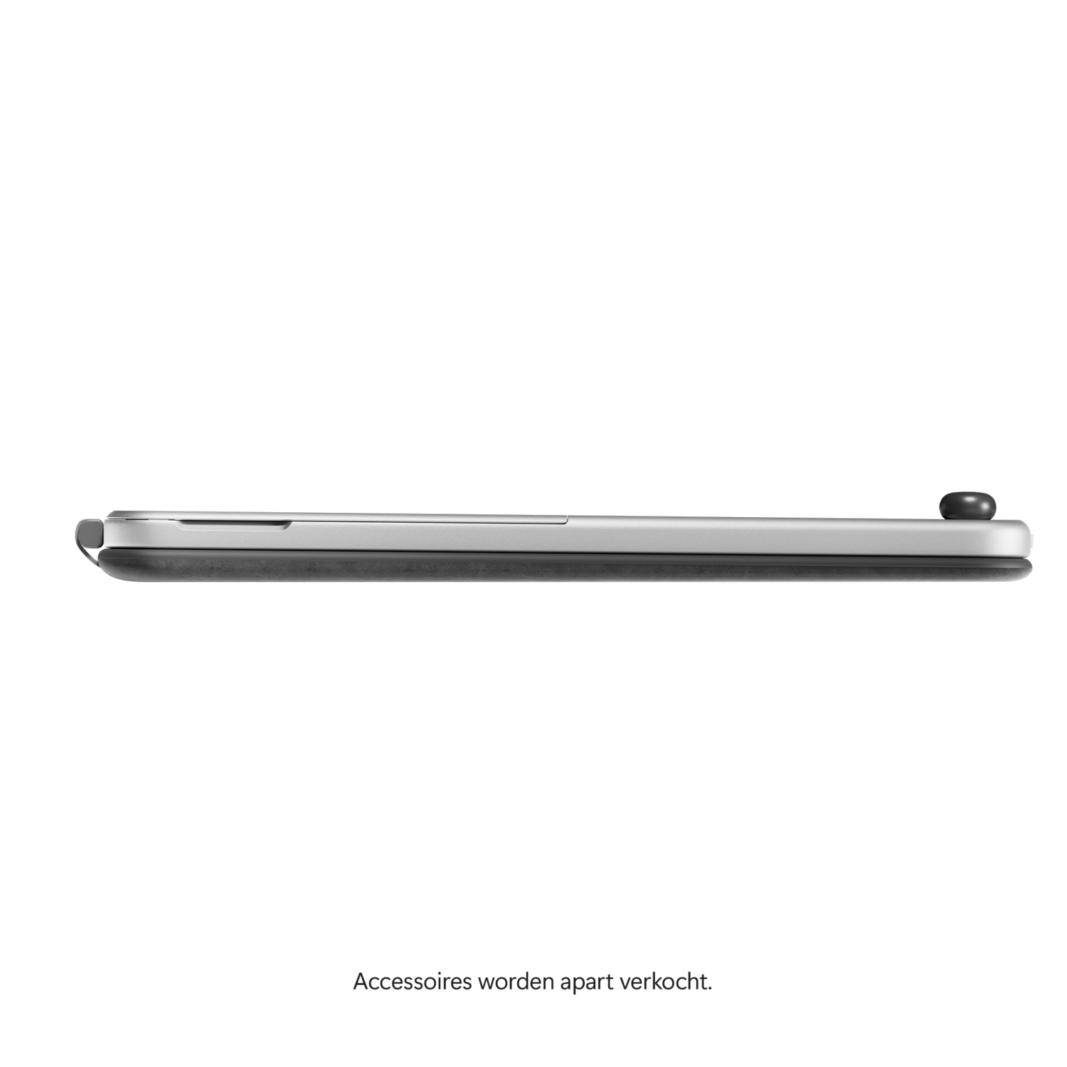 A silver device, possibly a tablet, lies horizontally against a black background. A small black button is on the right side.