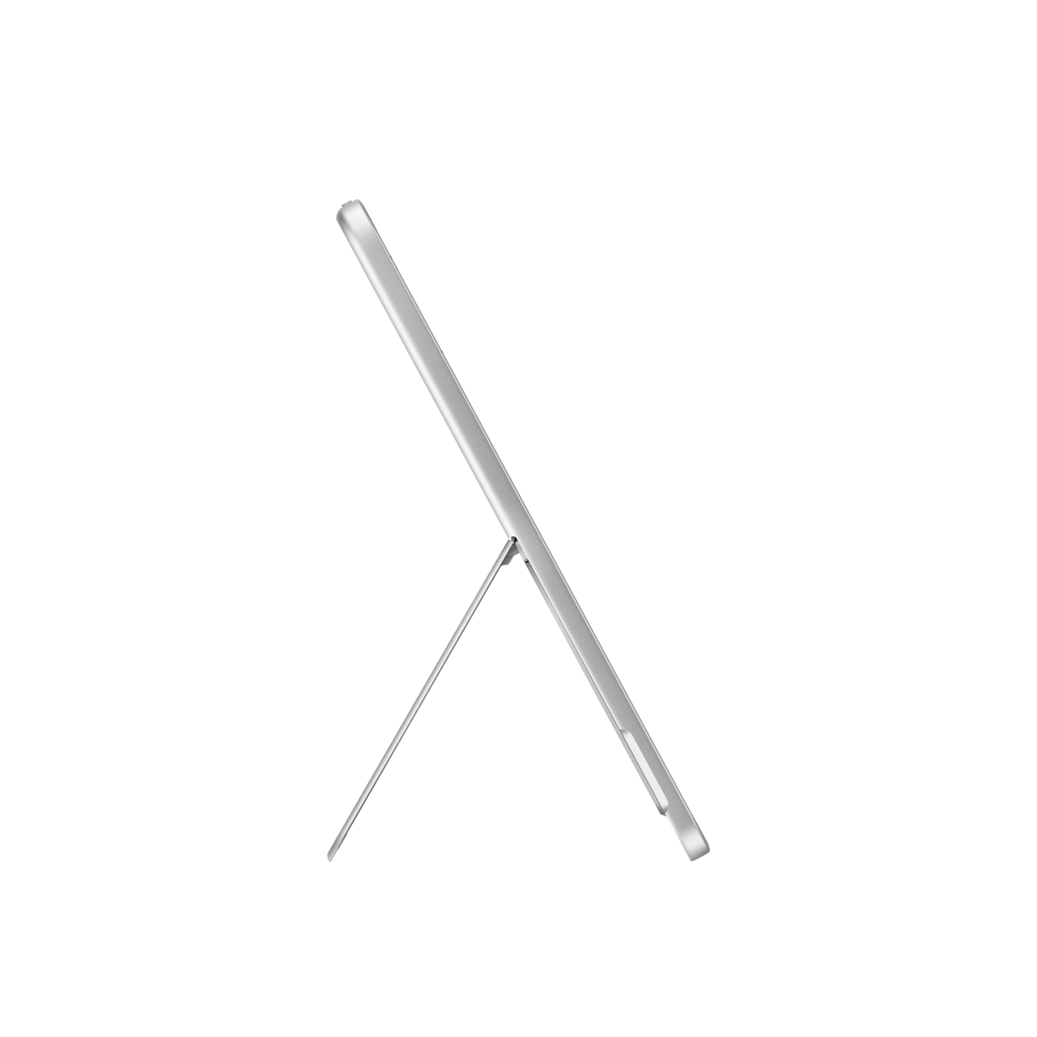 A silver tablet is propped up by a stand against a solid black background. The tablet is angled slightly.
