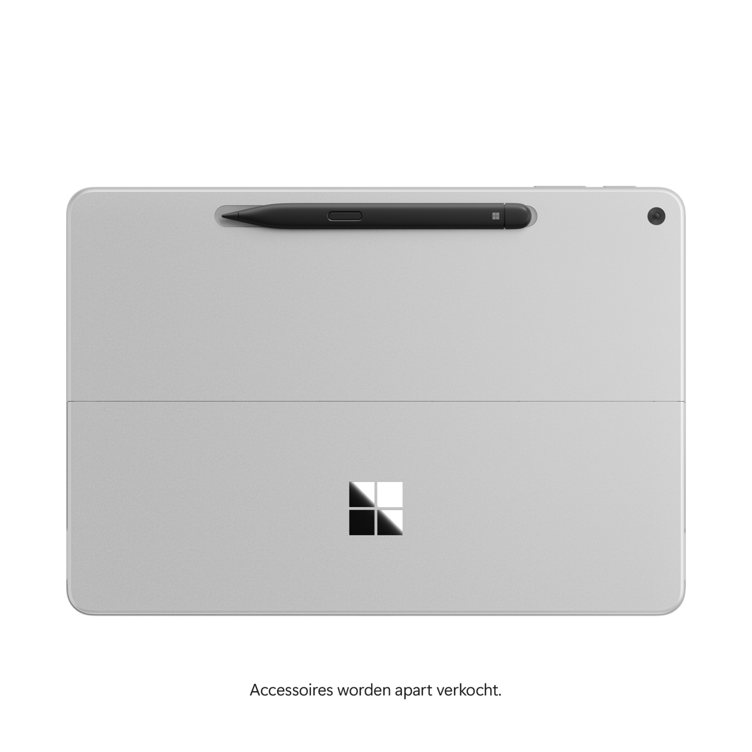 A silver tablet with a black stylus on top. It has the Microsoft logo and a hinge. Accessories are sold separately.