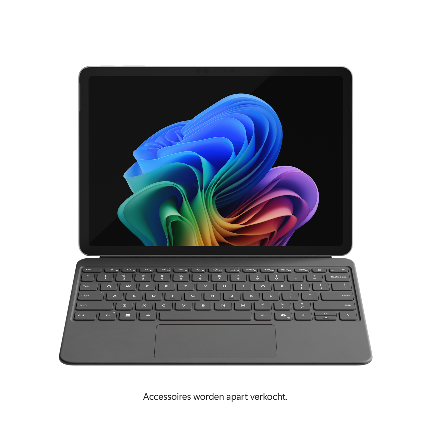 Tablet with keyboard. Screen shows colorful abstract art against a black background. Keyboard is grey. Black background.