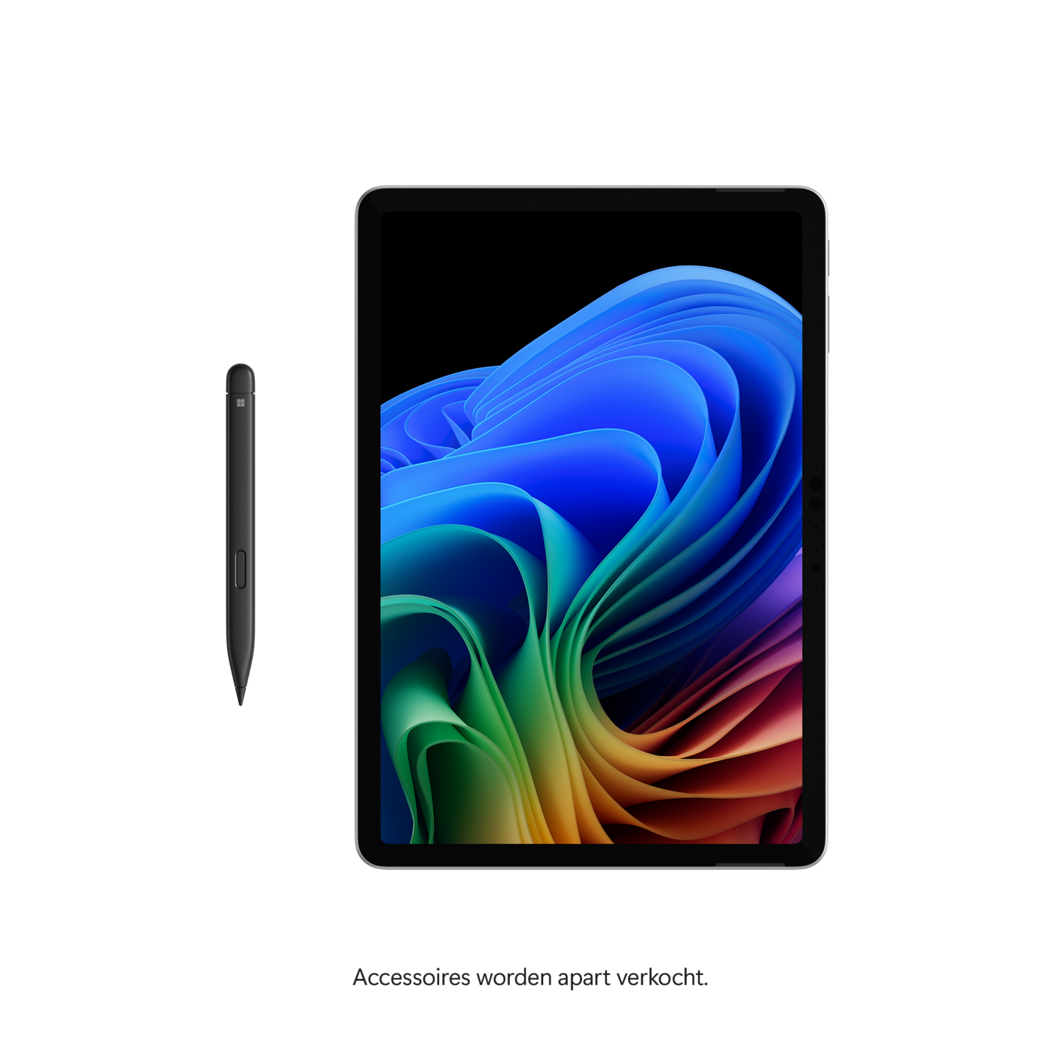 A tablet with a colorful abstract image on screen is next to a stylus. Black background.