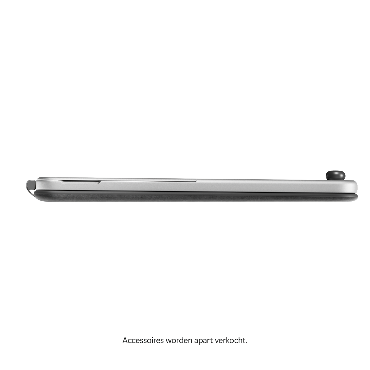 A silver device with a black button on the right. The device is on a black background. Text at the bottom reads: Accessories sold separately.