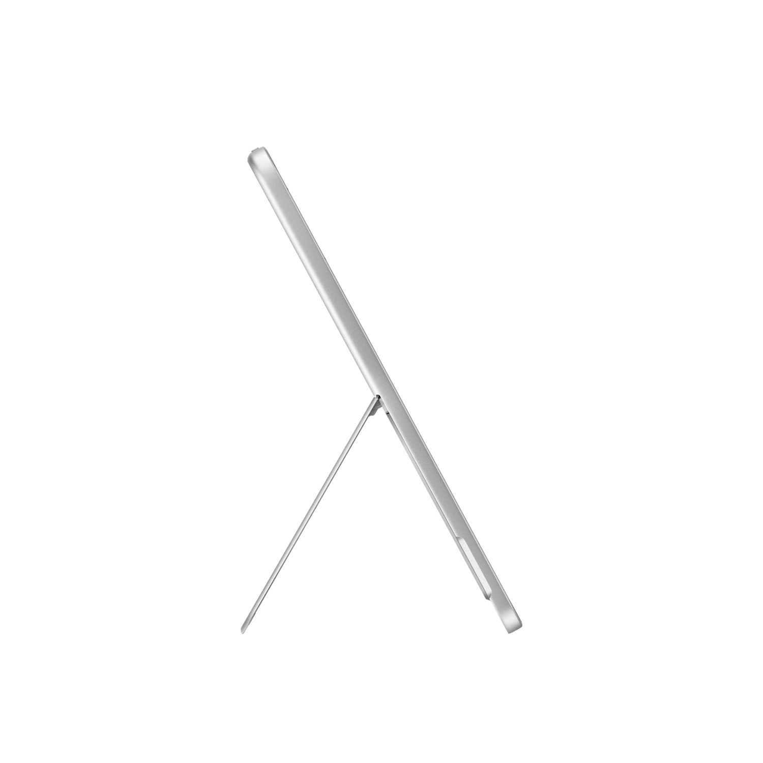 A silver tablet is propped up on a stand against a black background. The tablet is angled, showing its side.