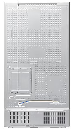 Tył srebrnej lodówki o teksturowanej powierzchni i czarnej rurce.