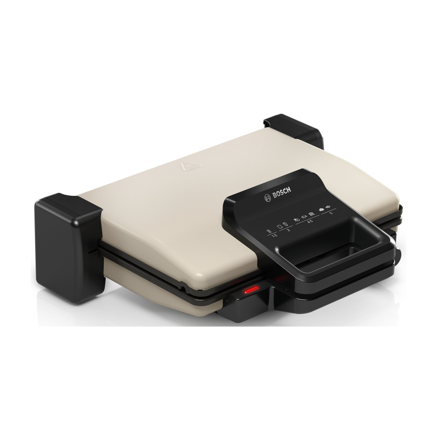 Una griglia Bosch beige chiusa con un pannello di controllo nero. La superficie è riflettente.