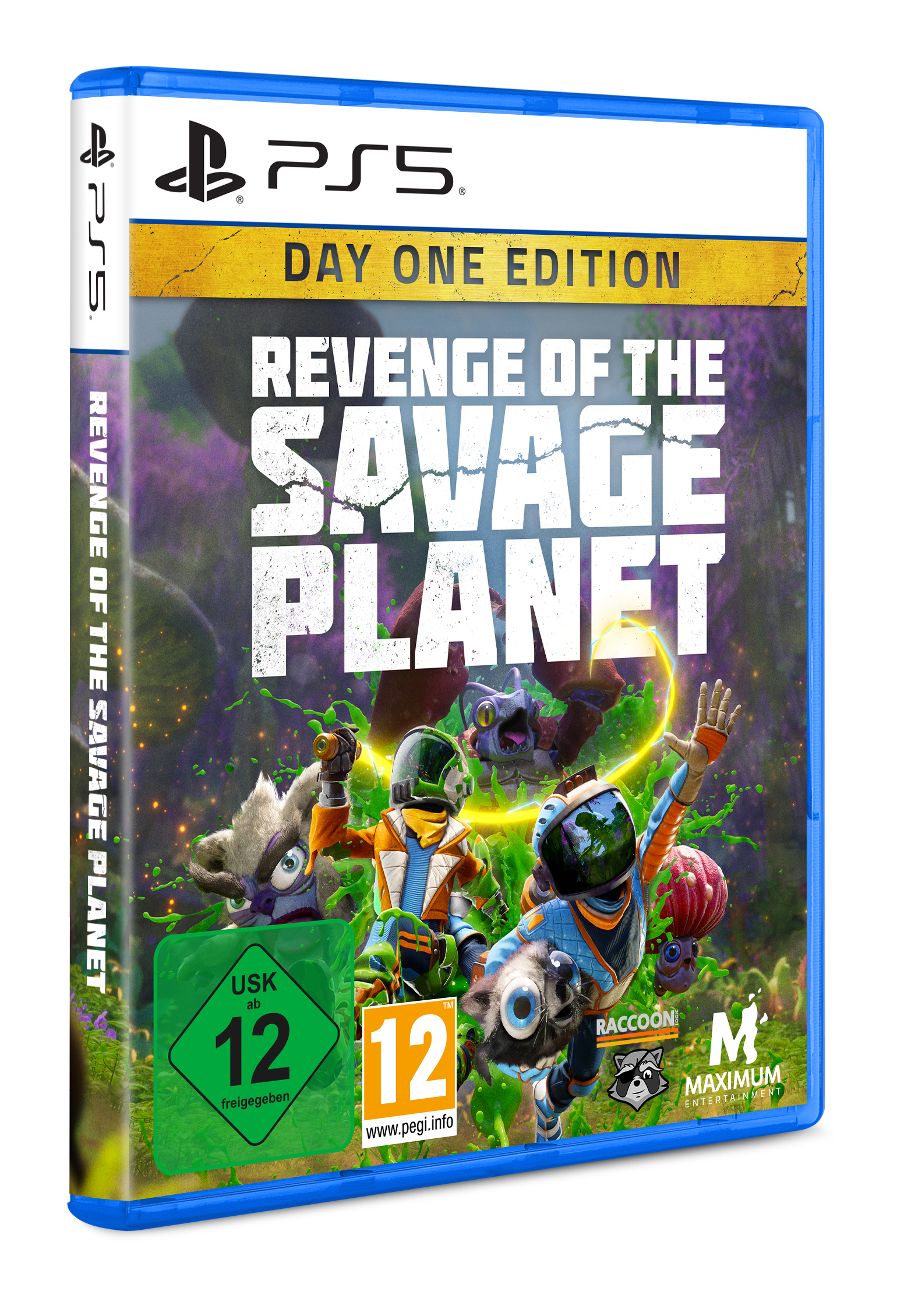 Eine Perspektivansicht des Spiel-Box-Arts für „Revenge of the Savage Planet: Day One Edition“.