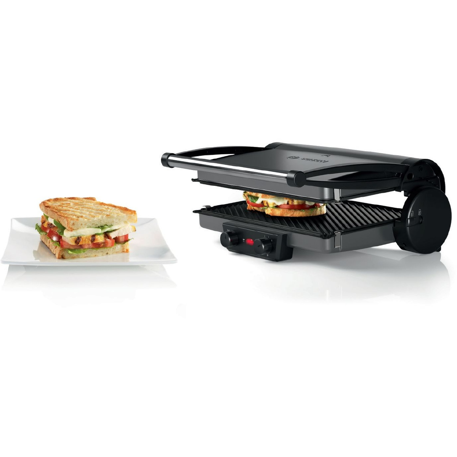 Griglia Bosch con sandwich e piatto su sfondo bianco.
