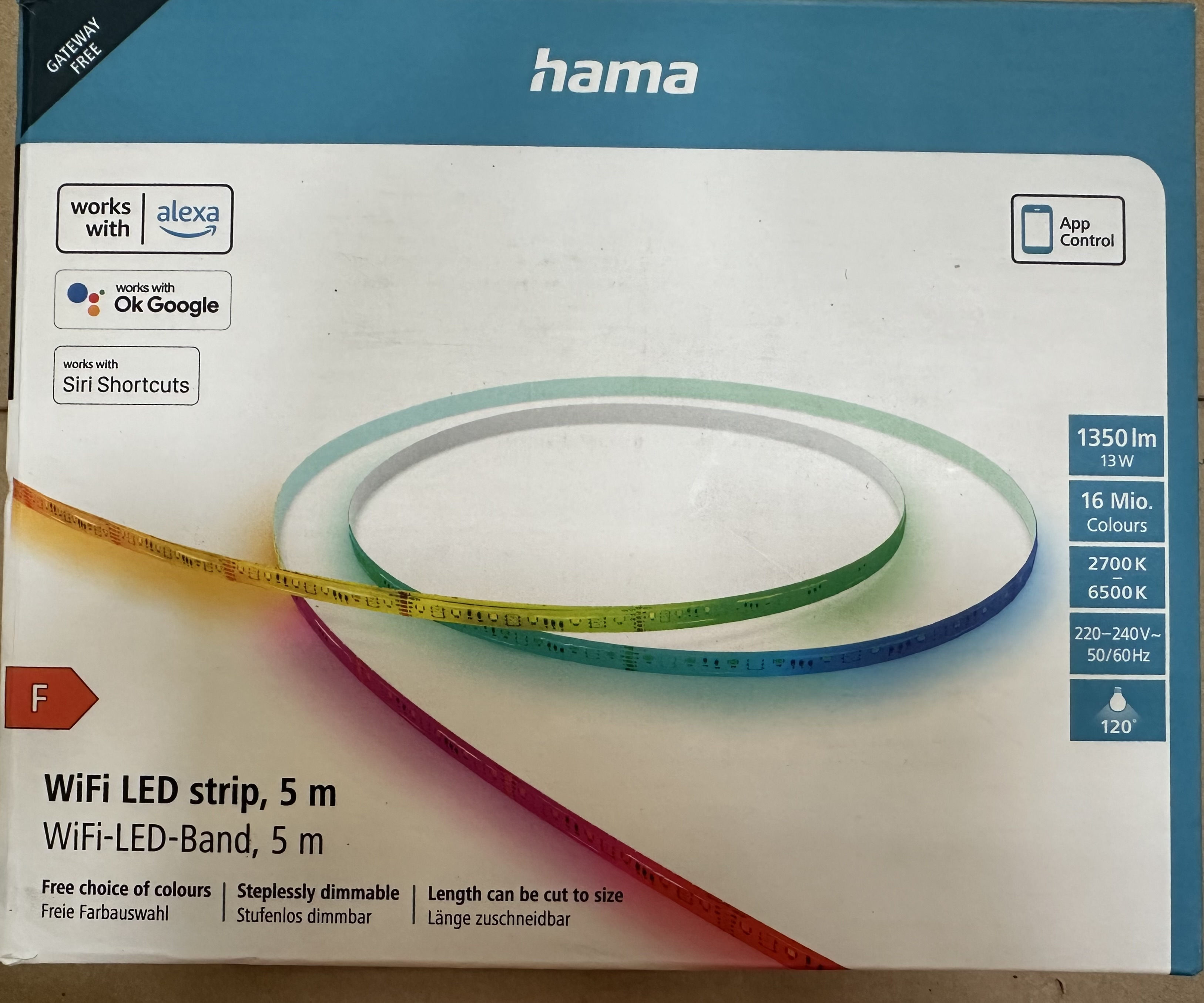 Pudełko z paskiem LED w środku i informacjami o produkcie. Pudełko ma niebieskie tło z tekstem.