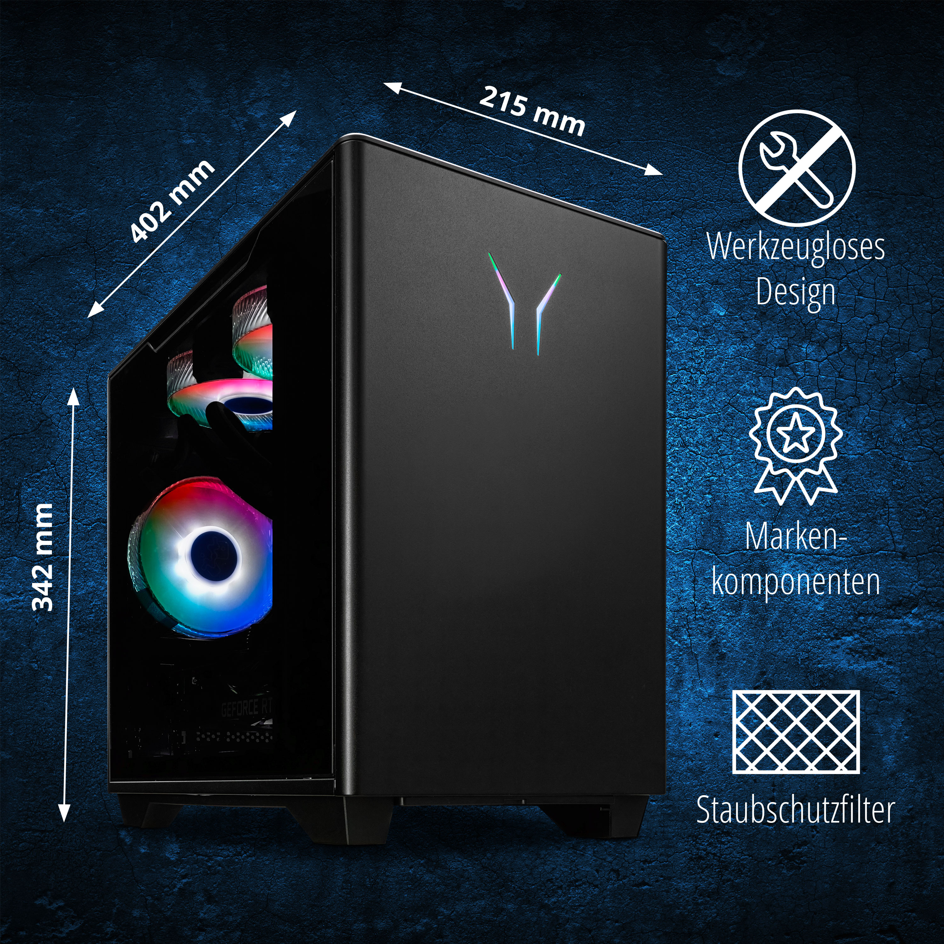 Ein schwarzer Computerturm mit Abmessungen und Merkmalen. Der Text beschreibt die Abmessungen und Merkmale.